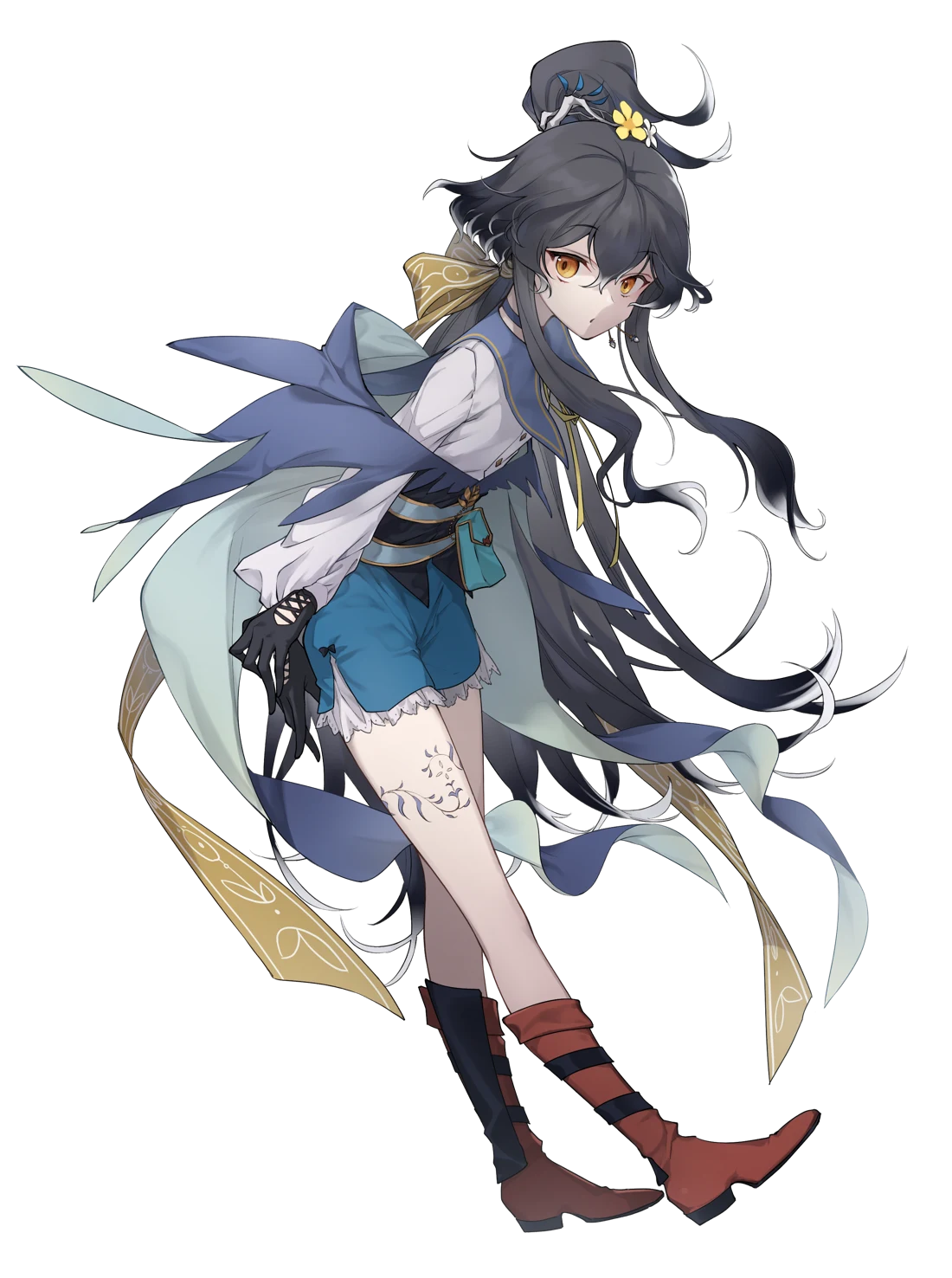 Full-body illustration of FII: long black hair, golden eyes, an apprentice witch in a teal cloak